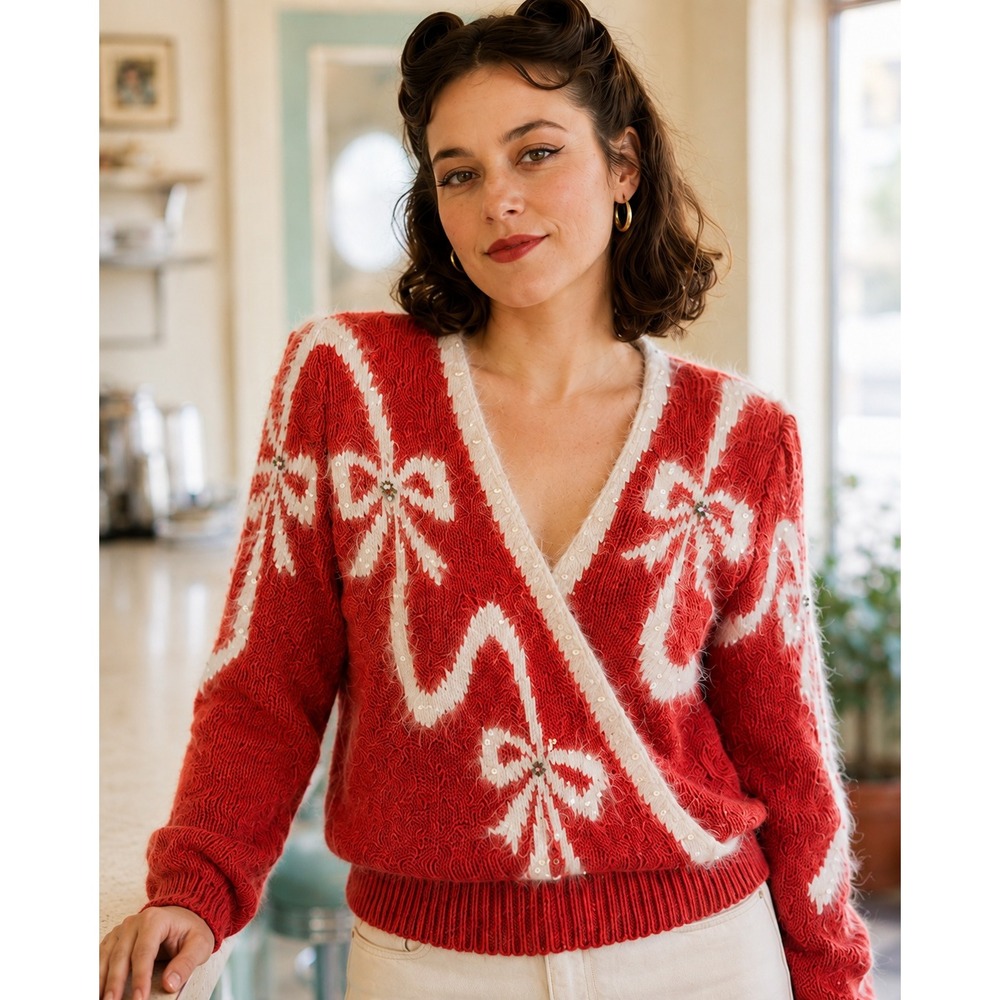 Christine VTG 80s Beaded Rabbit Hair Angora Sweater M Red White Holiday Knit Bow